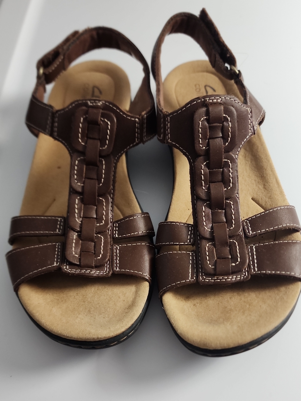 Clarks Brown Braided T-Strap Comfort Sandals